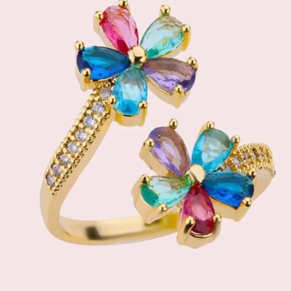 Colored Zircon Double Flower Rings - Picture 4 of 5